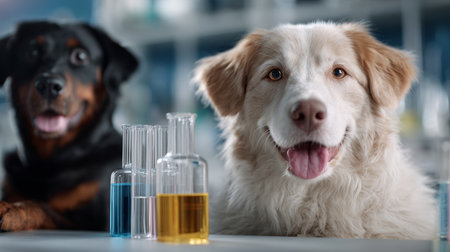 Dogs sitting beside colorful laboratory beakers during a scientific experimentの素材