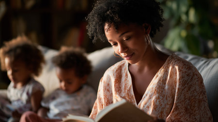 Mother reading a book while two children sit nearby in a cozy living roomの素材