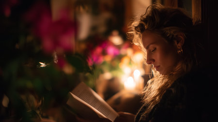 Woman reading a book in a cozy setting with warm lighting and floral decorの素材