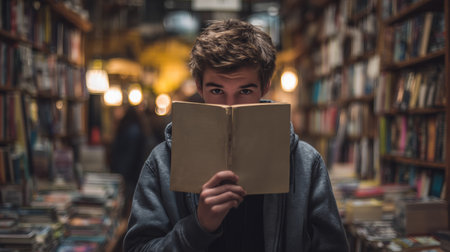Young man reading a book in a cozy bookstore during the evening hoursの素材