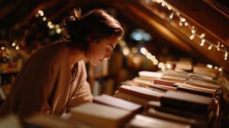 Woman reading in a cozy attic filled with books and warm lights during evening hoursの素材
