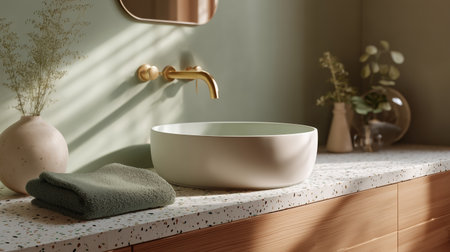 Elegant bathroom sink setup with natural decor and soft colors in modern designの素材