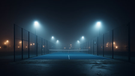 Foggy tennis court illuminated at night in a quiet urban settingの素材