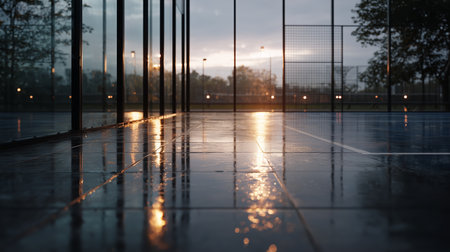Rain-soaked court reflects lights at dusk near a city parkの素材