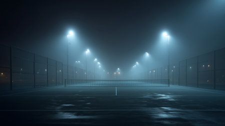 Nighttime tennis court illuminated by bright lights in a foggy settingの素材