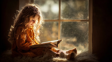 Young girl enjoys reading a book by a sunlit window on a cozy afternoonの素材