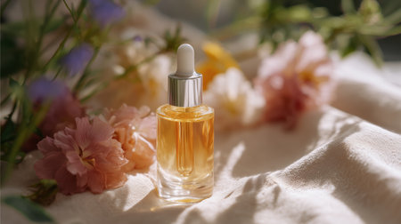 Golden serum bottle surrounded by fresh flowers on soft fabricの素材