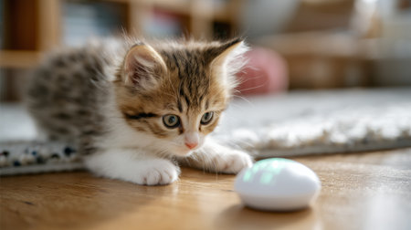 Curious kitten plays with a glowing toy on a wooden floor in a cozy living room settingの素材