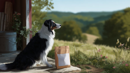 Black and white dog sitting peacefully in a serene countryside setting during the dayの素材
