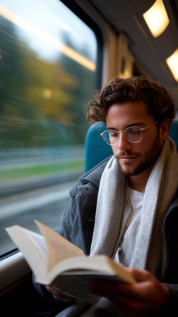 Young man reading a book on a train during a scenic journey in autumnの素材