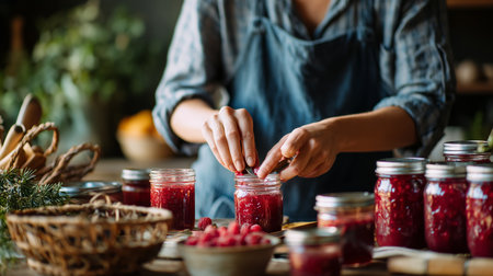Preparing homemade raspberry jam in a cozy kitchen during daylightの素材