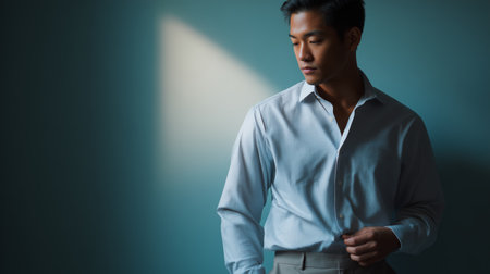 Man adjusting shirt in soft light, showcasing modern fashion and styleの素材