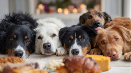 Five dogs eagerly wait for food during a cozy meal gathering at homeの素材