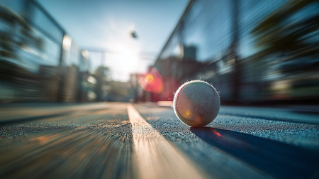 Tennis ball rolling on court under bright sunlight in urban settingの素材