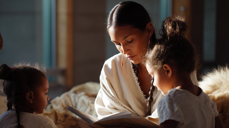 Mother reads a story to her children in a cozy indoor setting during the afternoonの素材