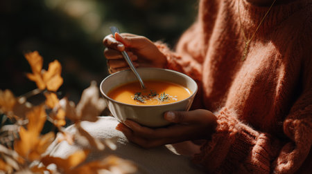 Warm pumpkin soup enjoyed outdoors in autumn with natural elementsの素材