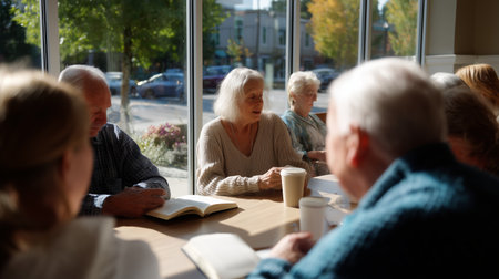 Group of seniors enjoying a morning gathering in a bright cafe during autumnの素材
