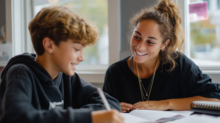 Teacher and student engage in learning at a cozy indoor space on a sunny afternoonの素材