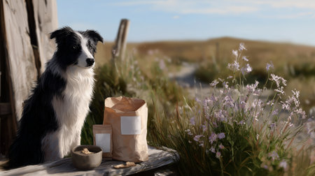 Border collie sitting near a rustic table with food bags in a serene landscapeの素材