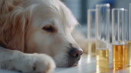 Golden retriever relaxing beside test tubes filled with golden liquid at a lab settingの素材