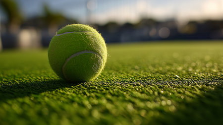 Tennis ball resting on green court surface during sunsetの素材