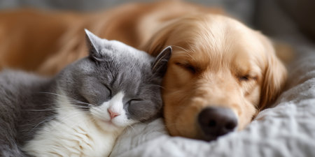 Dogs and cats peacefully sleeping together on soft bedding in a cozy roomの素材