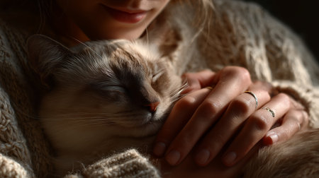 Woman cuddles a fluffy cat in a cozy sweater during a warm afternoon at homeの素材