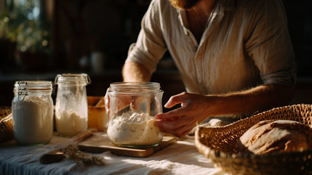 Baking bread in a cozy kitchen during the early morning hoursの素材