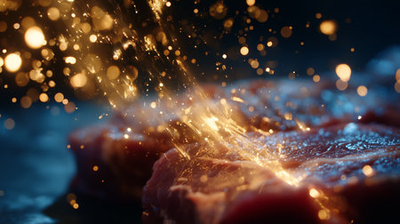 Sparkling seasoning on fresh steak during a culinary preparation in a kitchen settingの素材