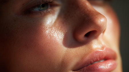 Close-up look at a young womans face highlighting natural skin texture and softnessの素材