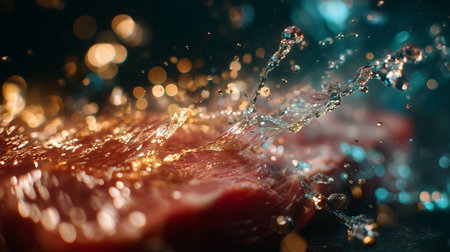 Droplets of water splash over fresh meat in a vibrant kitchen settingの素材