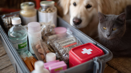 Pet care essentials and medicine organized in a storage container with a dog and cat nearbyの素材