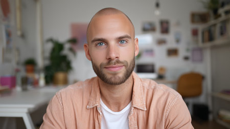 Man with short hair and beard smiles in a bright indoor workspaceの素材
