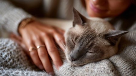 Cuddle time between woman and her sleeping cat on a cozy knitted blanket in a warm settingの素材