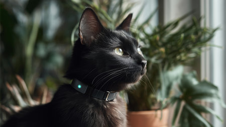 Curious black cat gazes out of window surrounded by greenery in a cozy indoor settingの素材