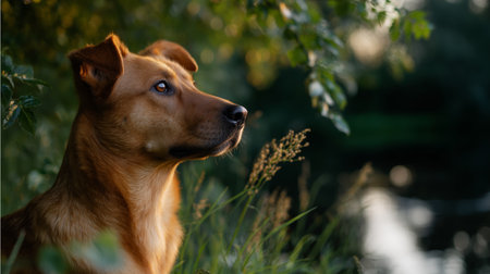 Brown dog gazes at the greenery near a calm water body during sunsetの素材