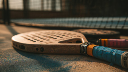 Paddle tennis racket resting on court surface in late afternoon lightの素材