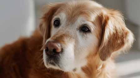 Older golden retriever resting indoors in soft sunlight during a quiet afternoonの素材
