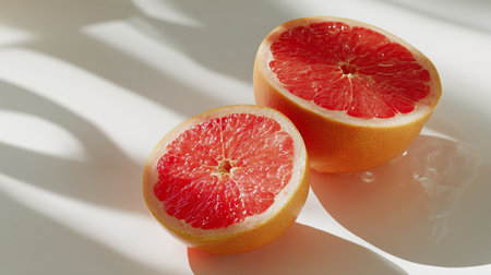 Freshly cut grapefruit halves resting on a white surface with soft shadowsの素材
