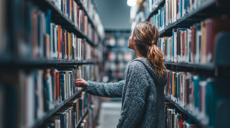 Young woman exploring books in a quiet library during late afternoonの素材