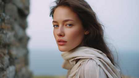 Young woman with flowing hair gazes into the distance near ocean cliffs during twilightの素材