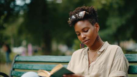Woman reading a book on a park bench during a sunny dayの素材