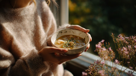 Warm soup in a bowl held by a person sitting by a window with flowersの素材