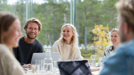 Group of friends enjoying a discussion in a cozy cabin with nature viewsの素材