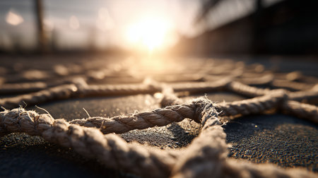 Rope lying on a textured surface with the sun setting in the backgroundの素材