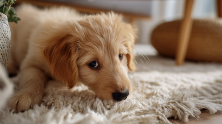 Golden puppy relaxing on a cozy rug in a bright living roomの素材