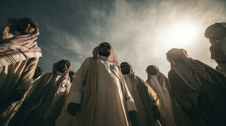 Group of men in traditional attire stand under a dramatic sky at sunset in the desertの素材