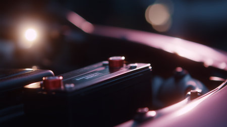 Close-up view of a car battery with soft light highlighting its features at nightの素材