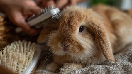 Rabbit grooming session at home with gentle brushing of fluffy furの素材