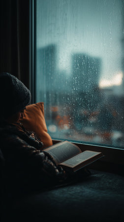 Cozy reading session during rainy afternoon in urban setting with city viewsの素材
